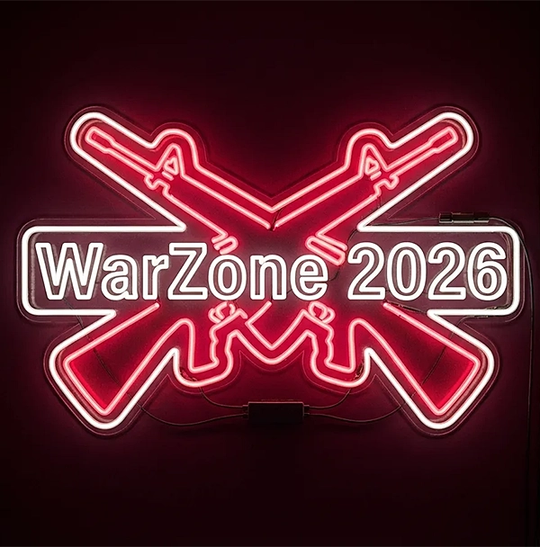 Neonový nápis WarZone 2026 – designová světelná reklama ve stylu herního loga