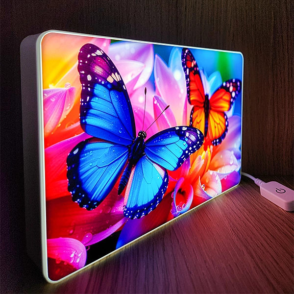 LED světelný obraz s barevnými motýly – designová dekorace a fotodárek na míru
